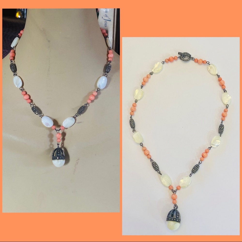 JJ Coral MOP Marcasite Sterling Silver Necklace